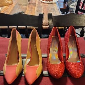Elegant Red and Pink Heels with Pointed Toe and Glitter Finish